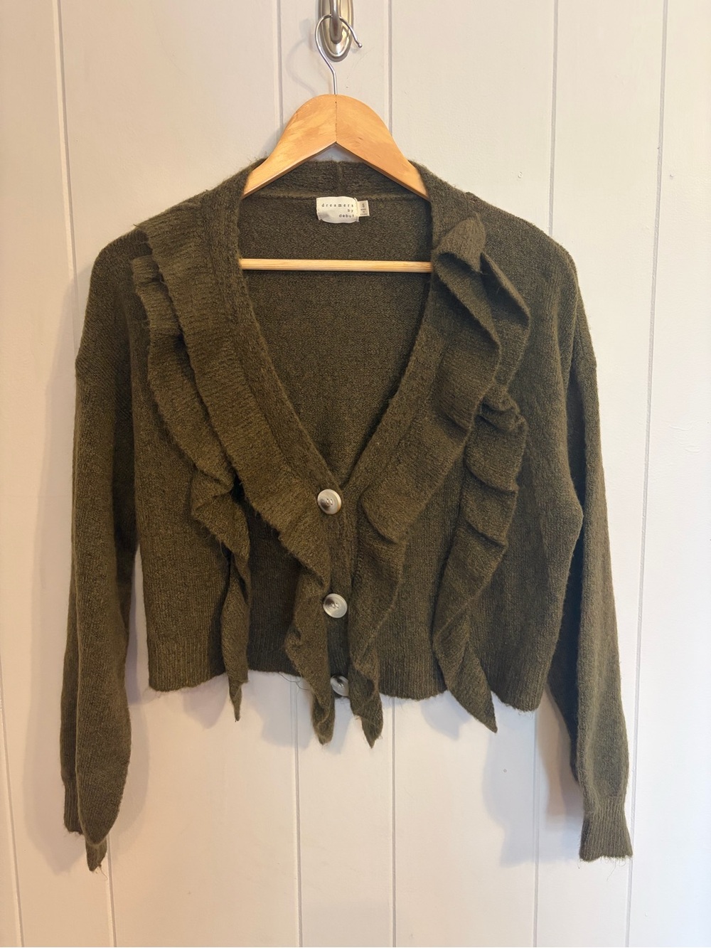 Dreamers NWT Olive Green Ruffle V-Neck Cardigan Sweater